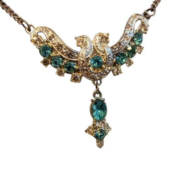 VINTAGE 1940 Silver Necklace Blue Clear Rhinestones Choker - Picture 4 of 12